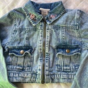 Little Lass girls cropped Jean jacket acid wash size 6 denim pink flowers